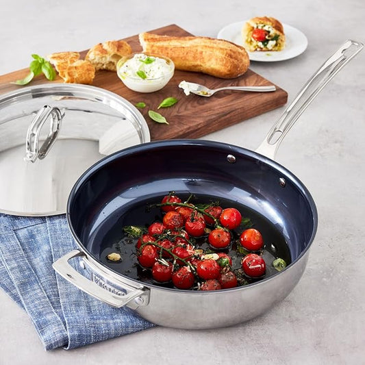 Viking 4-Ply Deep Frying Pan with Lid, 4.5 Quart Laser Clad Titanium Performance Ti Saute Cooking Pot, Dishwasher and Oven Safe, Induction Ready, Blue/Silver