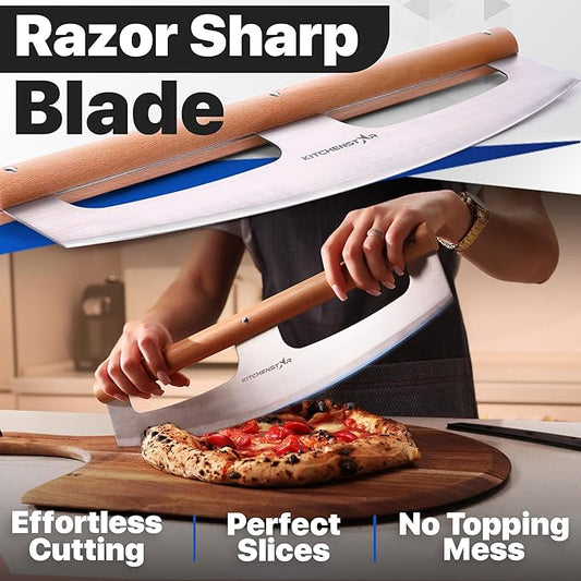 KitchenStar 16-Inch Pizza Cutter Rocker Blade - Razor Sharp Stainless Steel Slicer Knife, Stylish Beech Wood Handle, Protective Cover - Professional Pizza Oven Accessories, Silver