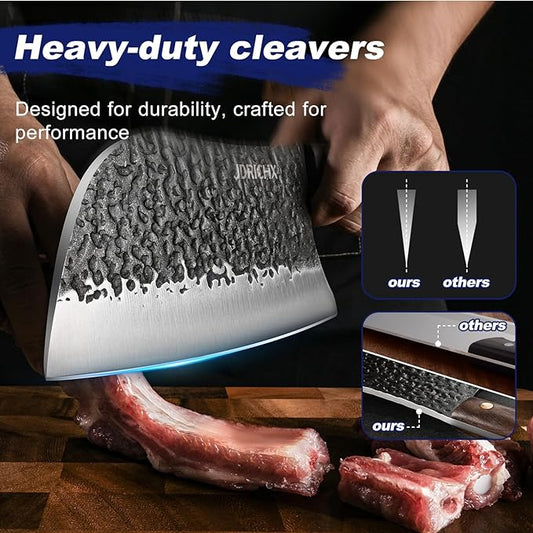 Butcher Knife Set,4 PCS Heavy Duty Hand Forged Serbian Chef Knife Meat Cleaver Boning Viking Knife Set-Full Tang High Carbon Steel for Home Cooking Outdoor BBQ Camping Gift Idea