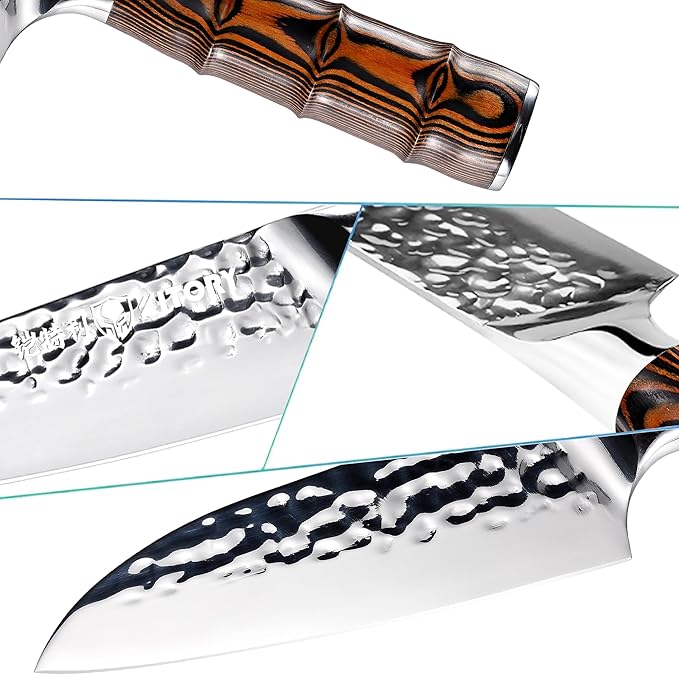 5.5" Santoku Knife, Pro Chefs Kitchen Knives, HC Stainless Steel, Hammered Ultra Sharp Blade, Bamboo Shape Handle Cooking Cutlery 2025 Gifts for Home & Restaurant