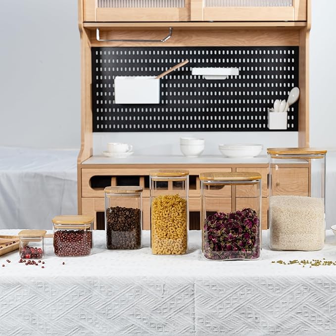 156oz 52oz Airtight Glass Square Storage Canister with Bamboo Lid Set of 2(4600ml*1 1550ml*1) Large Gallon Glass Jars for Sugar, Flour, Cookies and Coffee beans (with Black Lable)