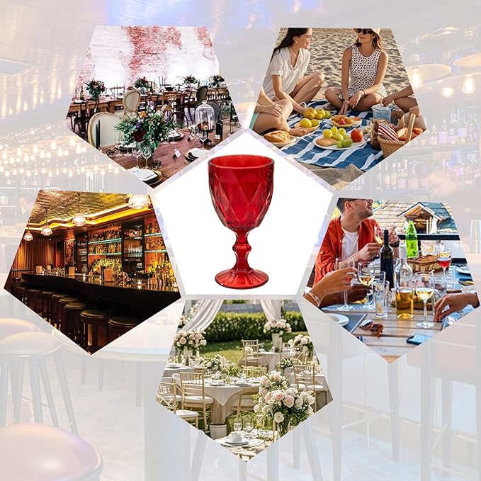 12 Pcs Vintage Wine Glasses, 10 Ounce Colored Glass Water Goblets, Unique Embossed Pattern High Clear Stemmed Glassware Wedding Party Bar Glass Drinking Cups Fancy Wine Glasses Red Set of 12