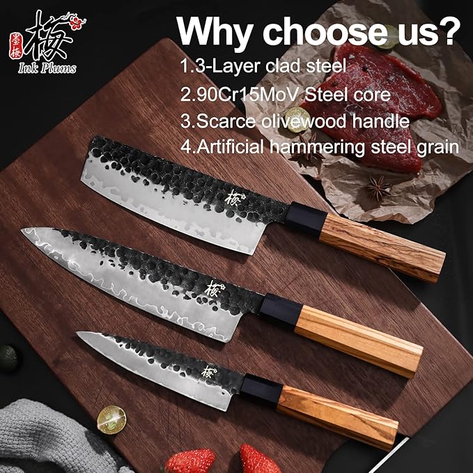 3 Pieces Kitchen Knife Set, Chef Knife, Usuba Knife, Paring knife, High Carbon Stainless Steel With Professional Hand Forged (Olivewood Handle & Gift Box)