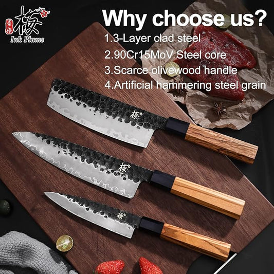 3 Pieces Kitchen Knife Set, Chef Knife, Usuba Knife, Paring knife, High Carbon Stainless Steel With Professional Hand Forged (Olivewood Handle & Gift Box)