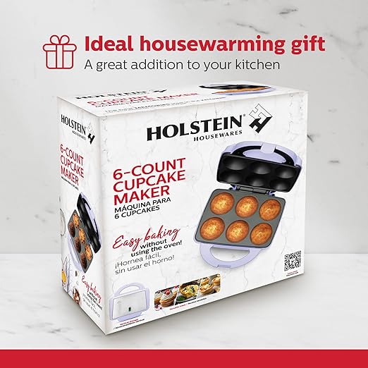 Holstein Housewares Non-Stick 6-Count Electric Cupcake Maker Machine – Bakes 6 Cupcakes, Muffins, Pizza Cups, Cinnamon Buns – Perfect for Gifts, Birthdays, Holidays, or Bake Sales, Lavender