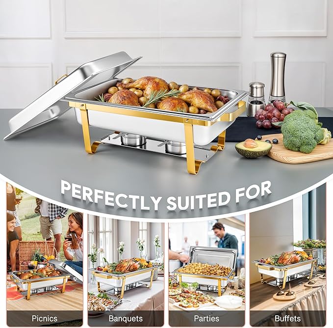 WILPREP Chafing Dishes for Buffet, 2 Pack 9 qt Chafer and Buffet Warmer Set with Full Size Pans & Foldable Frames, Food Grade Stainless Steel Food Warmers for Parties Buffets Banquets, Gold & Silver