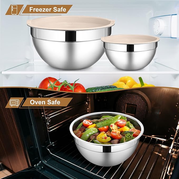 LIANYU Mixing Bowls with Airtight Lids Set, 6 Piece Stainless Steel Metal Kitchen Nesting Bowl, Size 7, 3.5, 2.5, 2, 1.5, 1QT for Prepping, Baking & Food Storage, Dishwasher & Freezer Safe, Khaki