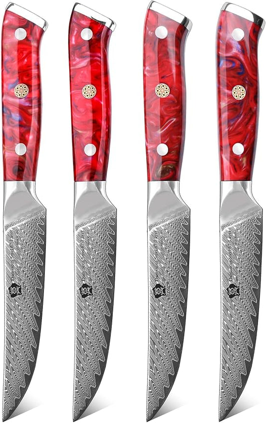 WILDMOK Steak Knives, 5 inch Non Serrated Steak Knife Set of 4, Japanese Damascus VG10 Steel Steak Knives,Premium Steak Knives Set with Gift Box