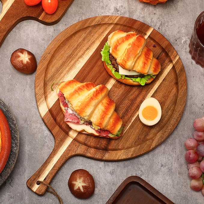 Tanlade 12 pcs Wood Cutting Board Bulk Round Wooden Serving Tray with Handle Acacia Chopping Boards Kitchen Charcuterie Paddle for Pizza Bread Cheese Fruit Vegetables