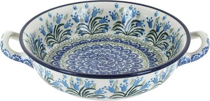 Blue Rose Polish Pottery - Blue Tulip Bouquet Small Round Casserole with Handles - 8.25" Diameter - Unique, Dishwasher Safe, & Durable Bakeware