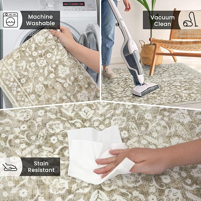 Vintage 2x7 Runner Rug, Beige Washable Runners for hallways, Super Soft Kitchen Runner Rug Non Slip, Print Faux Wool Floral Thin Carpet Runner for Entryway Indoor Bedroom Bedside Runner