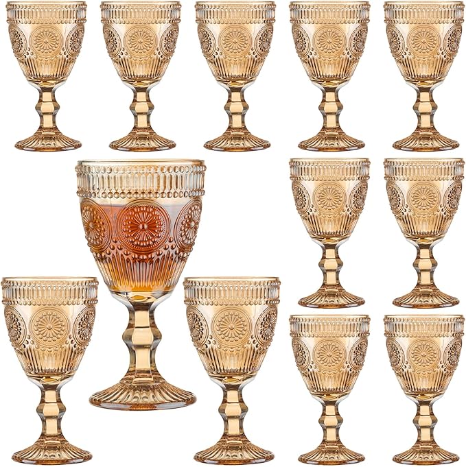 12 Pcs Vintage Wine Glasses, 10 Oz Colored Glass Water Goblets, Unique Flower Embossed Pattern High Clear Stemmed Glassware Wedding Party Bar Glass Drinking Cups Flower Amber Fancy Glasses Set of 12