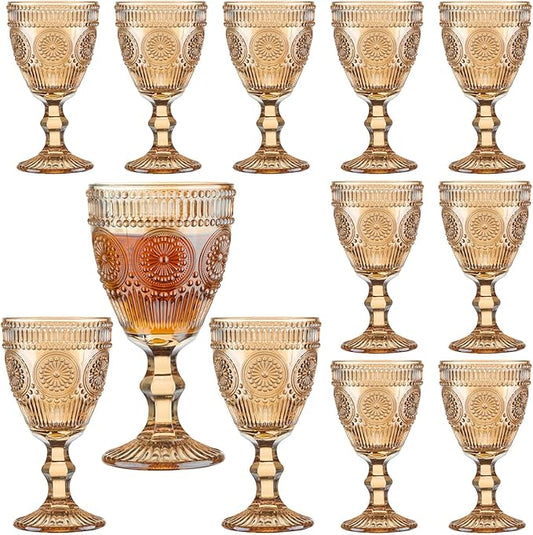 12 Pcs Vintage Wine Glasses, 10 Oz Colored Glass Water Goblets, Unique Flower Embossed Pattern High Clear Stemmed Glassware Wedding Party Bar Glass Drinking Cups Flower Amber Fancy Glasses Set of 12