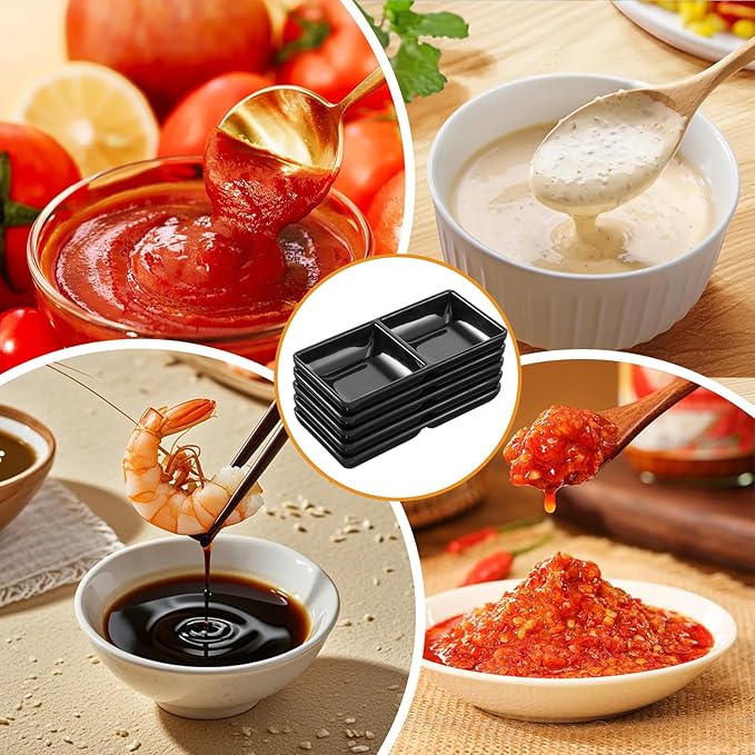 Tobeelec 12 Pcs Dual Dipping Sauce Bowls Soy Sauce Dish Bowls Two Compartments Party Trays Divided Fondue Plates for Restaurant Kitchen Sushi Soy (Black)