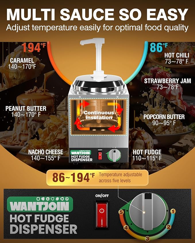WantJoin 2.8Qt Nacho Cheese Dispenser with Pump - Nacho Cheese Warmer,Stainless Steel Hot Fudge Warmer W/5-Level Temperature Adjustment,Commercial Hot Fudge Dispenser for Caramel
