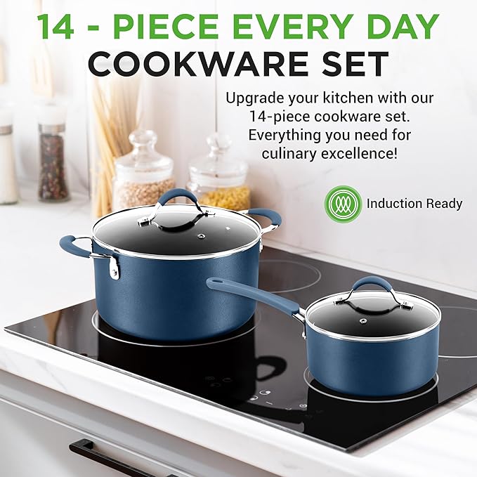 NutriChef Kitchenware Pots & Pans High-Qualified Basic Kitchen Cookware, Non-Stick (14-Piece Set), One Size, Blue