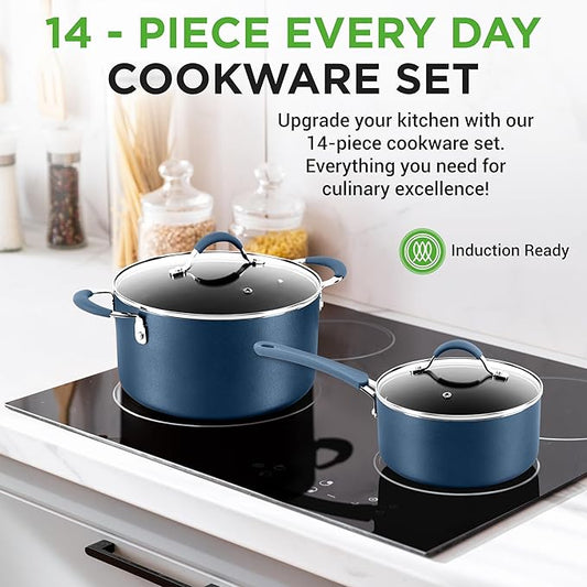 NutriChef Kitchenware Pots & Pans High-Qualified Basic Kitchen Cookware, Non-Stick (14-Piece Set), One Size, Blue