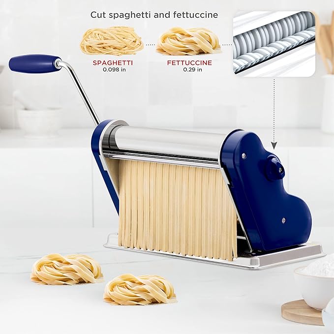 PASTALINDA Classic 260 Pasta Maker Machine, 26 cm Wide Rollers, 9 Thickness Positions, 2 Cutting Positions, Stainless Steel. Includes Reinforced Hand Crank And Two Clamps (Navy blue)