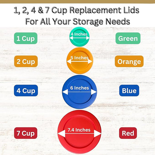 1, 2, 4 & 7 Cup Green, Orange, Blue, Red Replacement Lids/Covers for Pyrex, Anchor Hocking & KlareWare Storage Bowls *Lids Only Glass Container Not Included* (4 Pack *One of Each Size*)