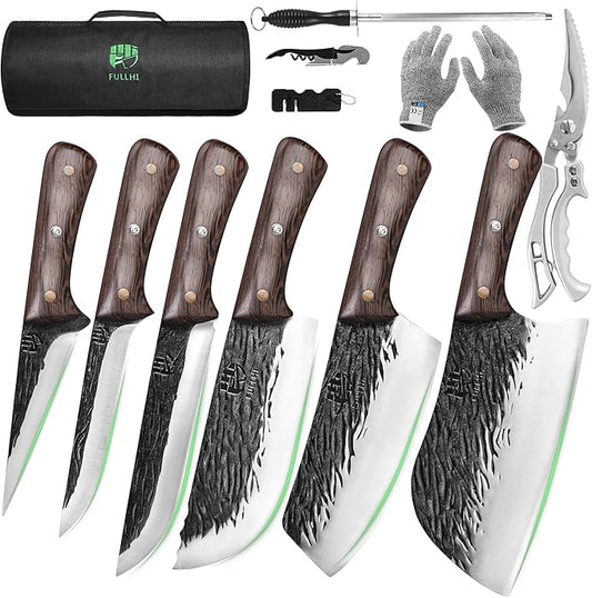 FULLHI Butcher Knife Set with Kitchen Shears, Hand Forged Chef Boning Knife With Scissors High Carbon Steel Chef Knife For Kitchen, Camping, BBQ