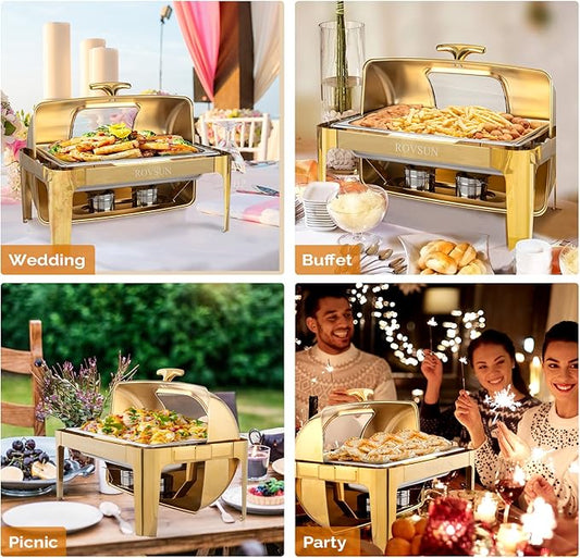 ROVSUN 9QT 2 Packs Roll Top Chafing Dish Buffet Set,Rectangular NSF Stainless Steel Buffet Warmer Chafers and Buffet Warmers Sets with Thick Frame for Catering Events Parties Weddings Dinners,Gold