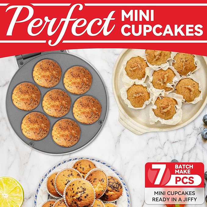 Mini Cupcake Maker Machine, Make 7 X 2.2 Inch Cupcakes Baking for Kids, Muffin Maker Machine, Baking Gadgets, Housewares Breakfast Maker, Non-stick, White