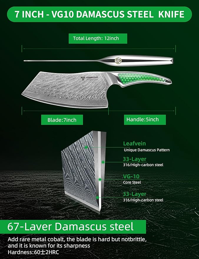 7 inch Nakiri Knife, Japanese VG-10 Damascus Steel Meat Cleaver, Ultra Sharp Vegetable Knife with Full-tang Handle in Green Resin, LA-S9 Series