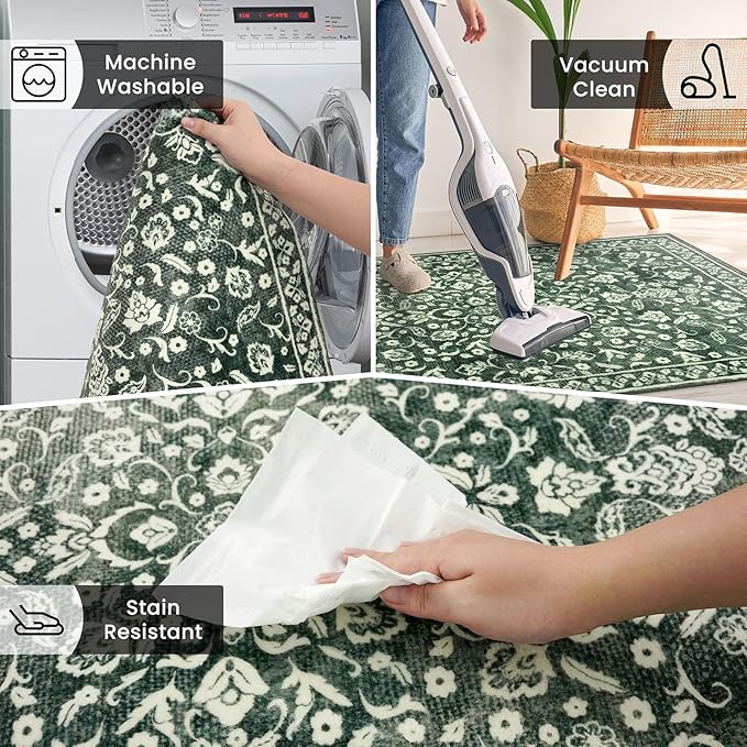 Vintage 2x7 Runner Rug, Forest Green Washable Runners for hallways, Super Soft Kitchen Runner Rug Non Slip, Print Faux Wool Floral Thin Carpet Runner for Entryway Indoor Bedside Runner