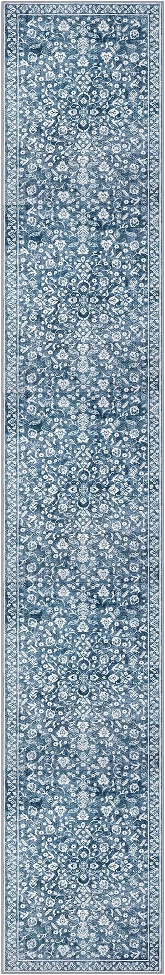Vintage Runner Rugs for Hallway 2x12, Blue and White Washable Extra Long Hallway Runner Rug Non Slip, Super Soft Kitchen Runner Rug, Print Faux Wool Floral Thin Carpet Hall Runner