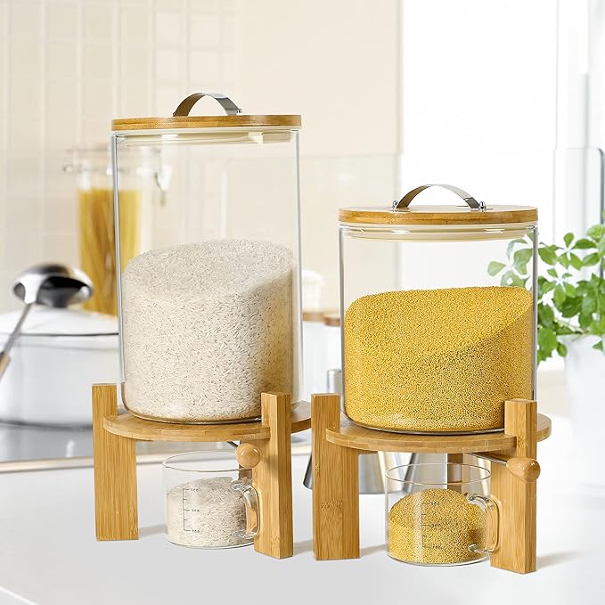 Rice Dispenser, Rice Storage Container:Flour and Cereal Container with Airtight Lid and Wooden Stand, Glass Food Storge Container for Kitchen Organization and Pantry Store (5L)