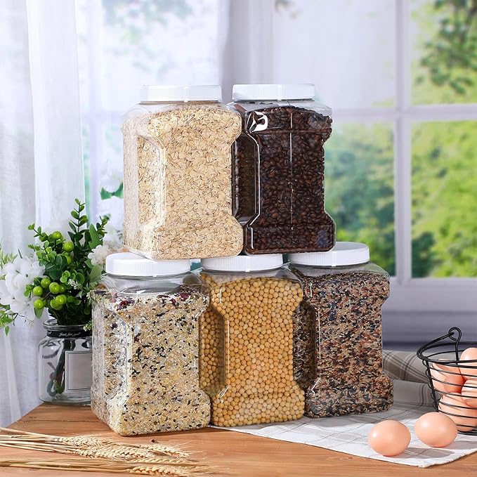 Gerrii 18 Pcs 1 Gallon Plastic Jars with Cap Clear Storage Containers Grip Jars Multi Use White Lid Dried Food Canisters PET Plastic Bulk 1 Gallon Containers for Kitchen Fermentation Food Storage