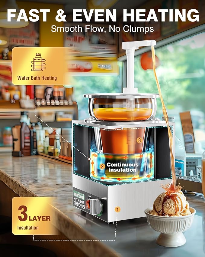 WantJoin 4.6Qt Nacho Cheese Dispenser with Pump - Nacho Cheese Warmer, Commercial Hot Fudge Dispenser W/5-Level Temperature Adjustment for Caramel, Stainless Steel Hot Fudge Warmer