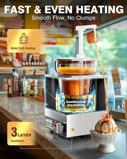 WantJoin 4.6Qt Nacho Cheese Dispenser with Pump - Nacho Cheese Warmer, Commercial Hot Fudge Dispenser W/5-Level Temperature Adjustment for Caramel, Stainless Steel Hot Fudge Warmer