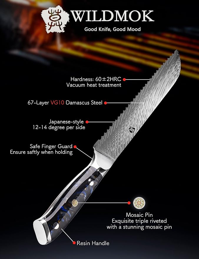 WILDMOK Damascus Serrated Steel Bread Knife, 8 inches Serrated Bread Knife, Ergonomic Full Tang Resin Handle, Razor Sharp Beautiful Damascus steel feather pattern with Luxury Gift Box