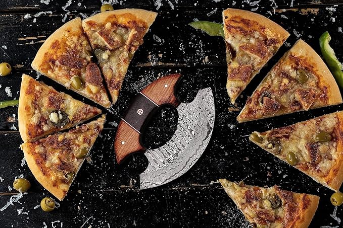 RC Knives Damascus Ulu Knife with Leather Sheath – Full Tang Handmade Alaskan ulu knives - Wooden Handle, Pizza Cutter & Salad Chopper, Meat and Herbs, Great for Outdoor Cooking and Gifts for Men