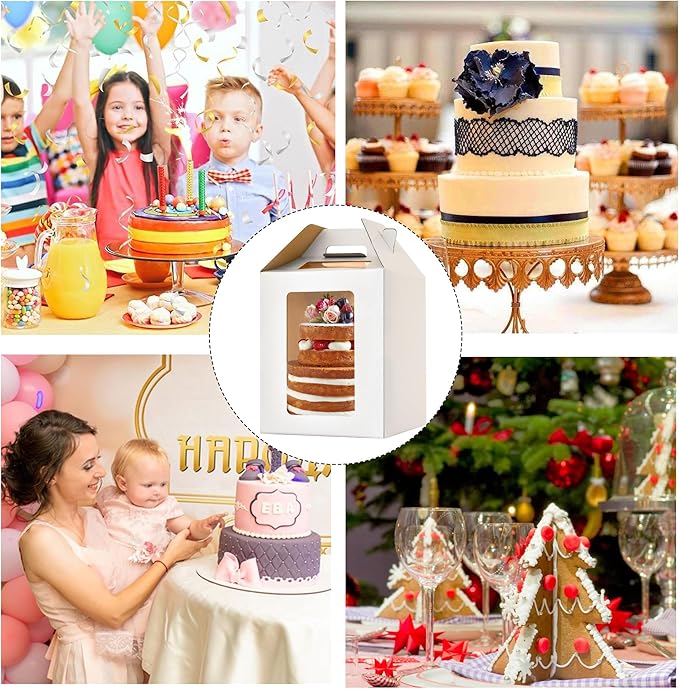 XININSUN 3Pack Tall Cake Boxes for Tier Cakes with 4 windows 10x10x12Inch cake transport container,Bakery Take Out Transport Containers Tall Cake Carrier with Handle for Wedding, Birthday, Party
