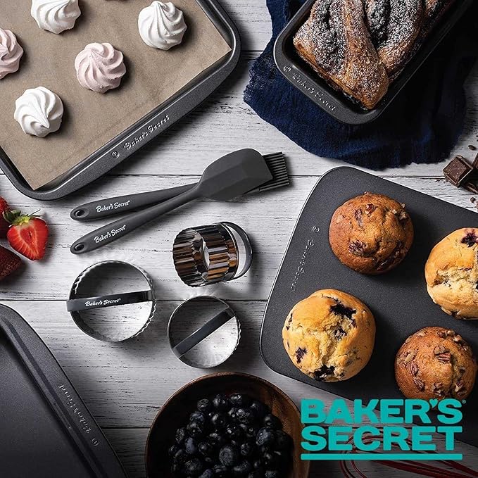 Baker's Secret Stackable Baking Set of 5 Bakeware Pans, Bakeware Set, Baking Pan Set Includes Muffin Pan, Roaster Pan, Square Pan, Cookie Sheet, Loaf Pan, Easy Store, Dishwasher Safe, Baking Supplies