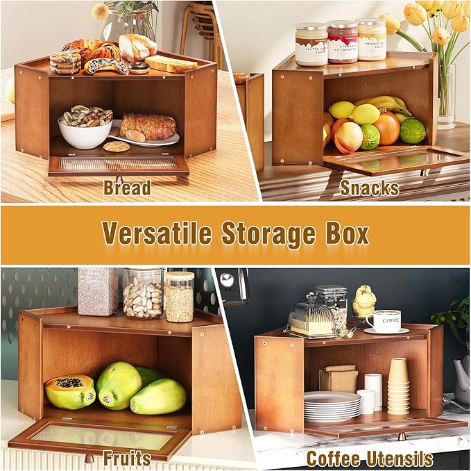Corner Bamboo Bread Box for Kitchen Counter Large Capacity Rustic Bread Storage Container with Wavy Arcylic Transparent Door Vintage Storage for Homemade Bread (Brown)