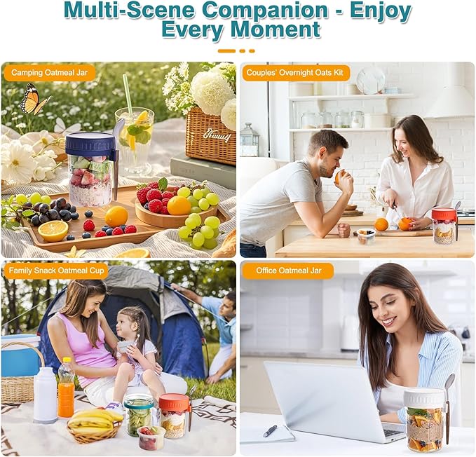 6 Pack Overnight Oats Containers with Lids and Spoons, 16 OZ Glass Mason Jars with Removable Separate Compartments, Airtight Leak Proof Oatmeal Container for Chia Pudding, Yogurt, Breakfast, Cereal