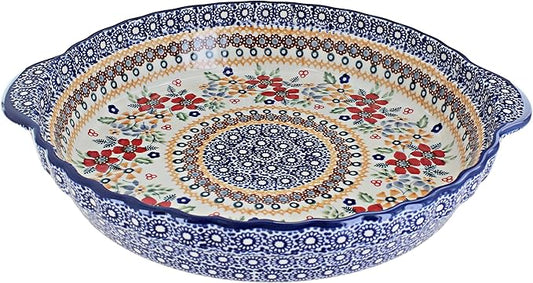 Blue Rose Polish Pottery - Red Red Daisy Pie Plate with Handles - 9.75" Diameter - Ceramic Baking Dish, For Pies, Quiches & Desserts