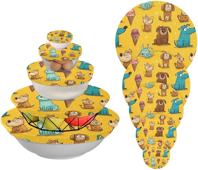 5 Pcs Bowl Covers Reusable in 5 Size Elastic Food Cover Cloth Lids Fresh Keeping Dish Cookware Bakeware Fabric Covers Lids for Food Leftovers Fruits Storage Bright Yellow Dogs and Ice Cream