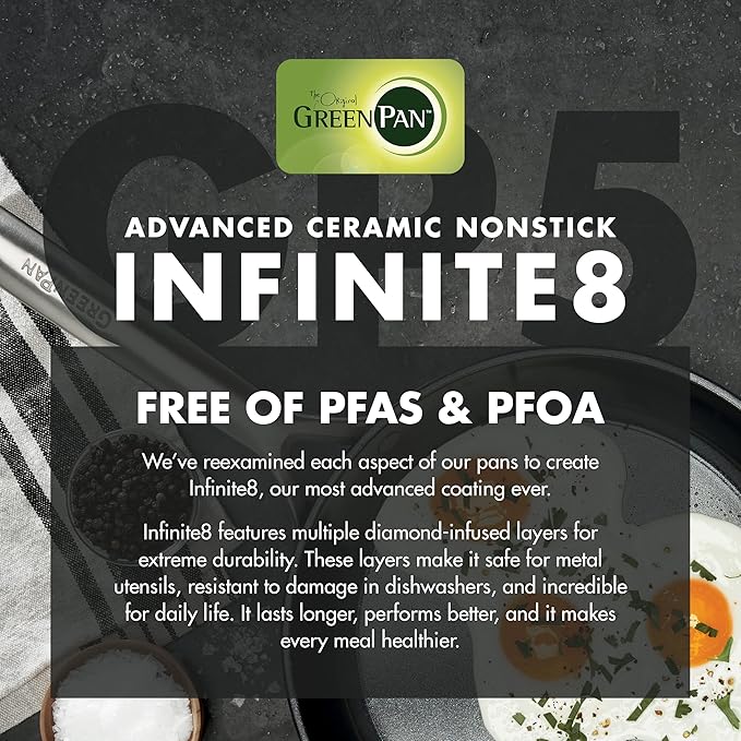 GreenPan GP5 Hard Anodized Healthy Ceramic Nonstick 8" Frying Pan Skillet, Heavy Gauge Scratch Resistant, Stay Flat Surface, Induction, Mirror Finish Handle,Oven Safe, PFAS-Free, Black