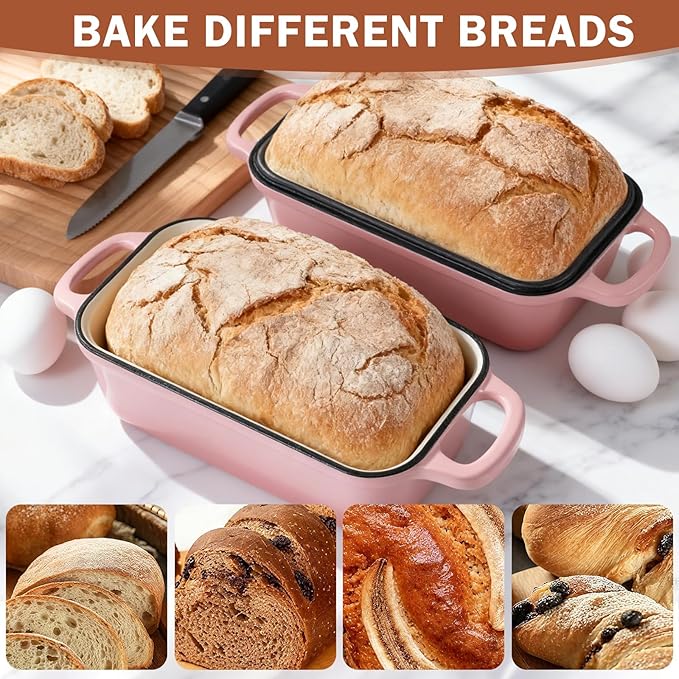 9 x 5 Inch Bread Pan Enameled Cast Iron Loaf Pan with Lid for Baking, 2 in 1 Non-stick Sourdough Bread Loaf Pan for Homemade Bread, Oven & Stovetop Safe for Gas, Electric & Induction, Pink
