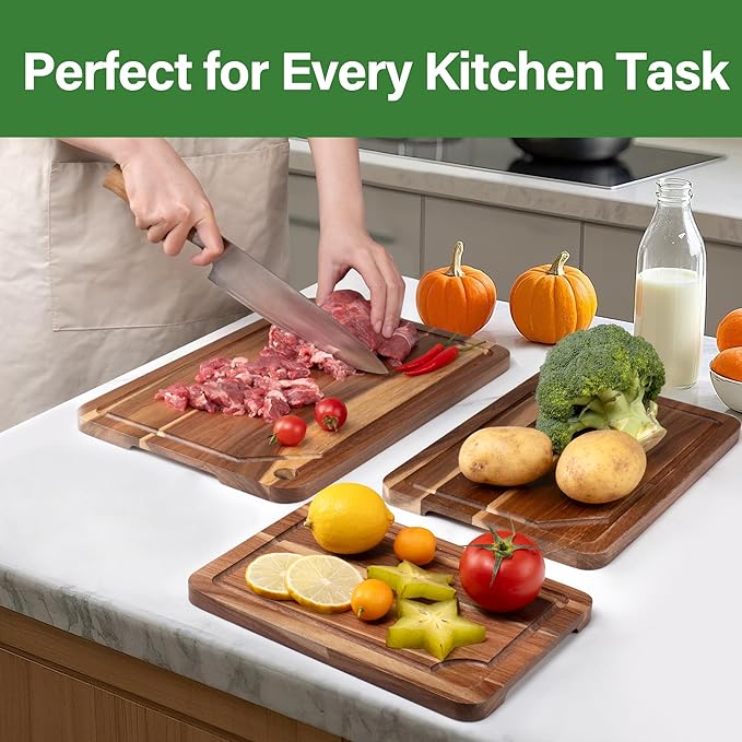 Wood Cutting Board For Kitchen, Acacia Wood Cutting Board Set of 3 with Juice Groove, Double-Sided Chopping Board Serving Board with Hanging Hole for Meat, Vegetables and Cheese