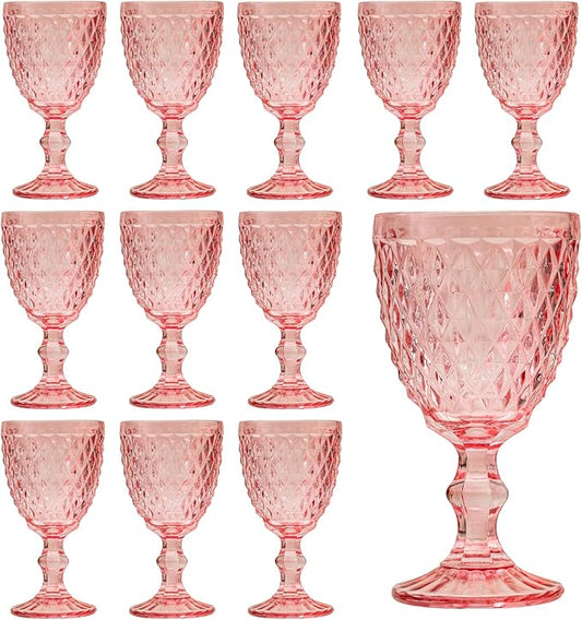 12 Pcs Vintage Wine Glasses, 10 Ounce Colored Glass Water Goblets, Unique Embossed Pattern High Clear Stemmed Glassware Wedding Party Bar Glass Drinking Cups, Diamond Pink Glasses Set of 12