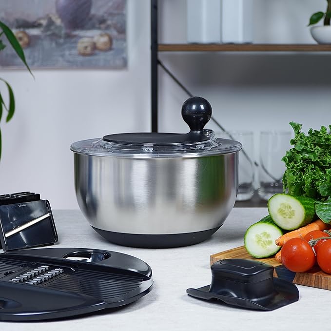 Stainless Steel Salad Spinner Large 5.28Qt - Lettuce Spinner With Strainer - Salad Spinners Best Rated For Home Kitchen Washing - - Includes Vegetable Slicer.