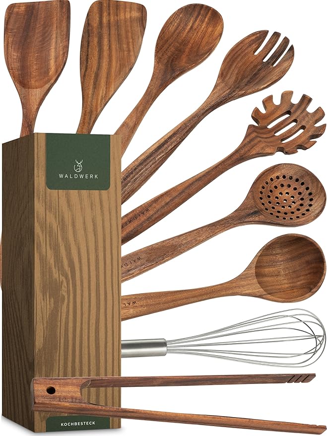 WALDWERK Wooden Spoons for Cooking β 9-Piece Kitchen Utensils Set with Spatula, Tongs, Whisk, Wooden Spoons & Pasta Server β Wooden Utensil Set β Utensil Sets - Cooking Utensils - Non Toxic