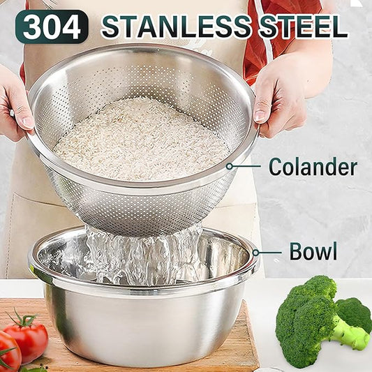 304 Stainless Steel Colander 5QT Microporous Colander & Large Bowl for Kitchen,Rice Strainer with Salad Mixing Bowl for Pasta Straining,Fruit Washing,Vegetable Draining,Food Mixing(2PCs)