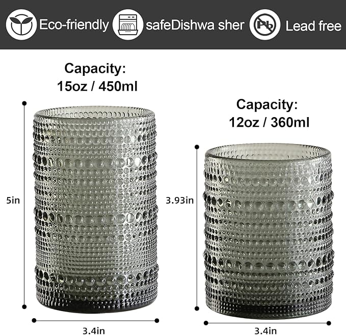 Vintage Hobnail Drinking Glasses Set of 8,Grey 12 oz & 15oz Highball Glass Cups, Kitchen Drinkware Glassware,Embossed Water Tumbler,for Beer,Cocktail,Whiskey,Juice and Various Mixed Drinks