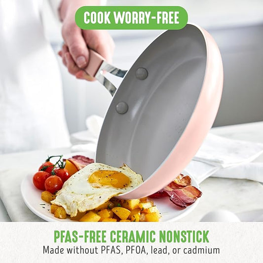 GreenLife 10-Piece Nonstick Ceramic Cookware Set, Lightweight Healthy PFAS-Free Pots & Pans with Lids, Dishwasher & Oven Safe, Durable Body, Silicone Stay-Cool Handles, Easy Release, Pink